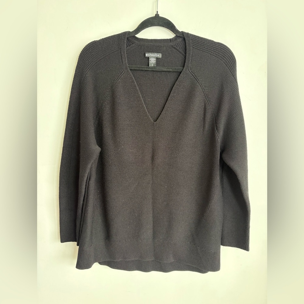 Athleta Hanover Sweater Rib Knit V Neck Pullover Black Large